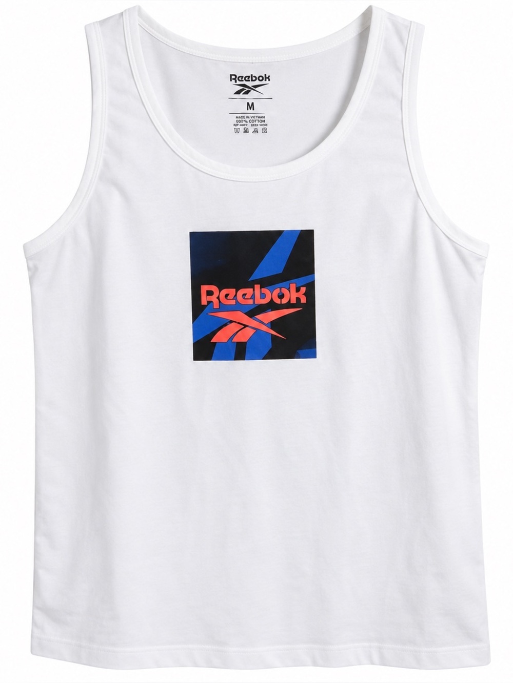 Reebok Men’s White Graphic Tank Top Red Blue Logo